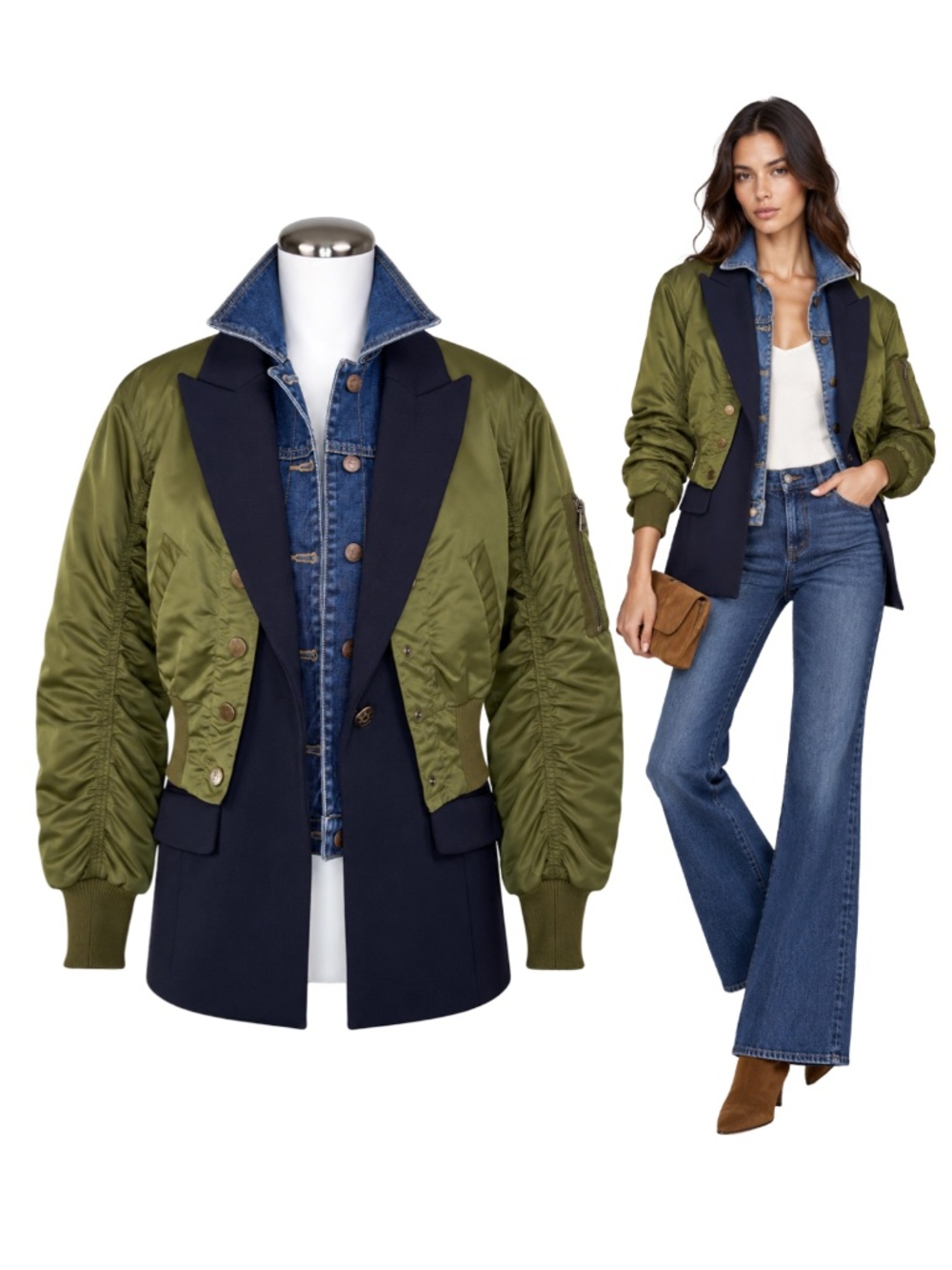 VERONICA BEARD Mixed Media Bomber Blazer Navy Olive Green XS NWOT